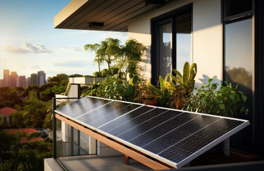 Solaranlage auf Balkon mit Pflanzen, Hintergrund: Stadt und Bäume bei Sonnenuntergang.
