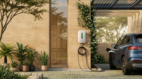 Blaues Elektroauto parkt vor einem modernen Haus, lädt an einer Wandladestation; umgeben von Pflanzen und Solarpanelen.