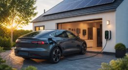 Graues Elektroauto lädt an der Wandladestation eines Hauses, dessen Dach mit Solarpanels bedeckt ist.