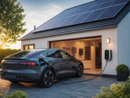 Graues Elektroauto lädt an der Wandladestation eines Hauses, dessen Dach mit Solarpanels bedeckt ist.