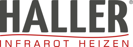 HALLER Infrarot Heizen-Logo mit schwarzem Schriftzug und rotem Unterstrich Infrarot Heizen.