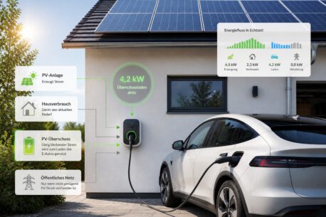 Ein weißes Elektroauto lädt an einer Wandladestation. Solarpanels auf dem Dach erzeugen 6,5 kW, Überschuss von 4,2 kW lädt das Auto.